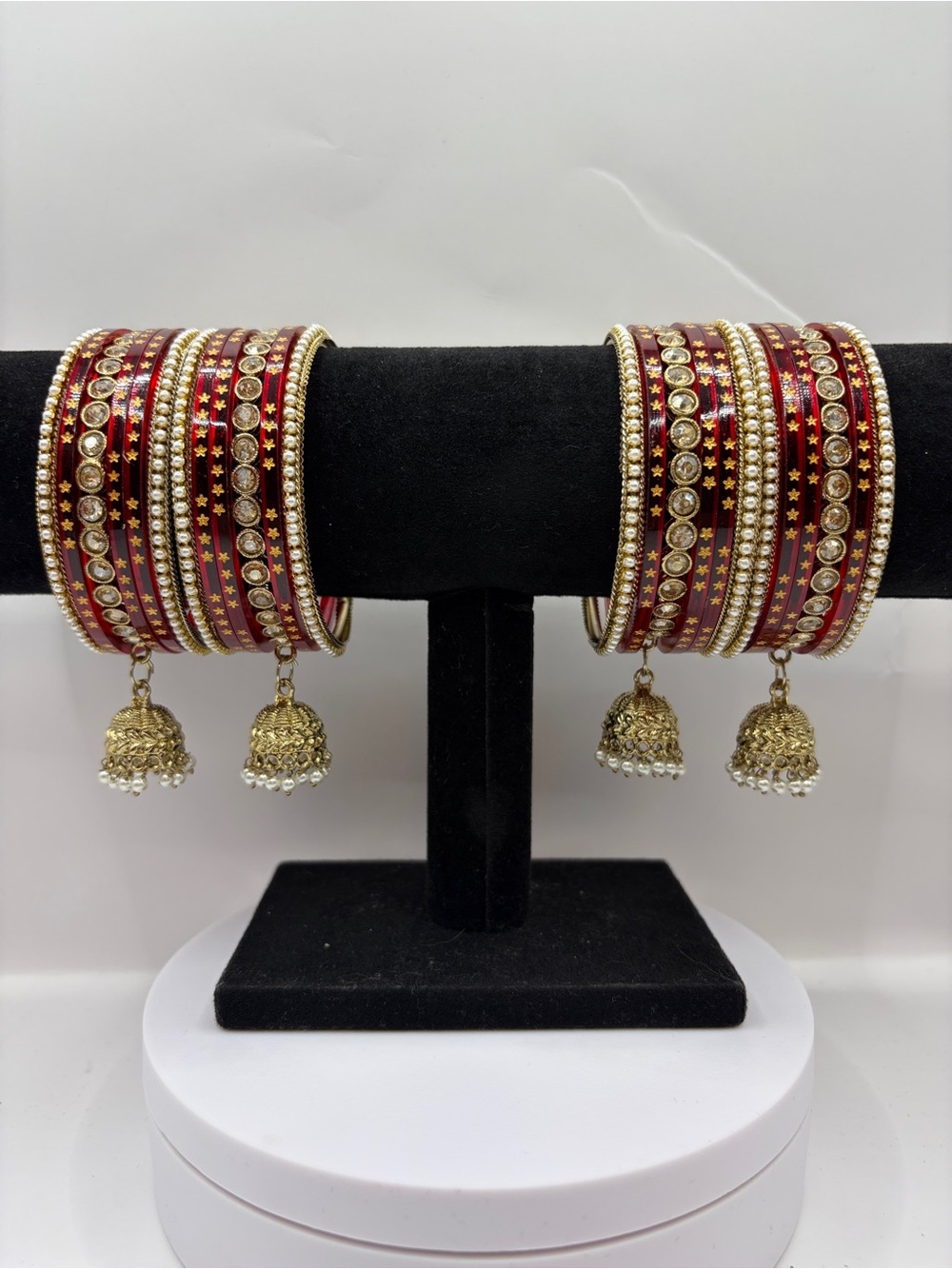 Kundan Gold and Red Kashmiri Pearl and Rhinestone Jhumka Bangle Set